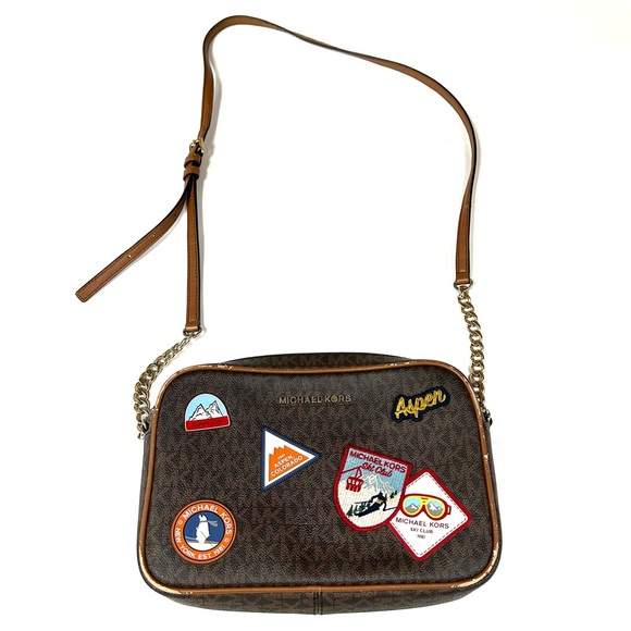 Michael Kors Women’s Crossbody Bag Monogram Aspen Brown Patches #1877 - Picture 1 of 13